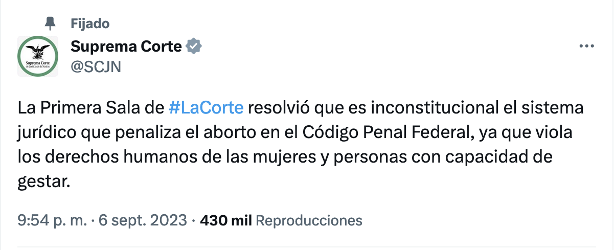 Tweet de la Corte Suprema de México despenalizando el aborto imgajx116940425861139499002.png